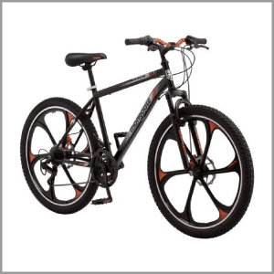 Mongoose Mack Mag Wheel Mountain Bike, 26" Wheels, 21 Speeds Shimano Revo Twist Shifters, Men's Frame, Orange & White On Black