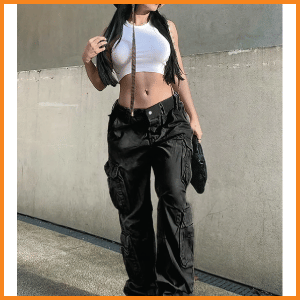 Wide Legs Baggy Cargo Pants With Flap Pockets, Girl's Y2K Style Jeans