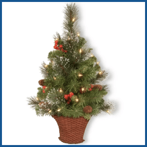 Pre-lit mini artificial Christmas tree, Green, Crestwood Spruce, White Lights, Decorated with Pine Cones, Berry Clusters, Frosted Branches, Includes Wicker Base (3 Feet)