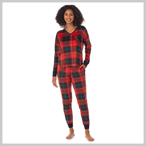 Velour Fleece V-Neck Pajama Top & Banded Bottom Pajama Sleep Set
