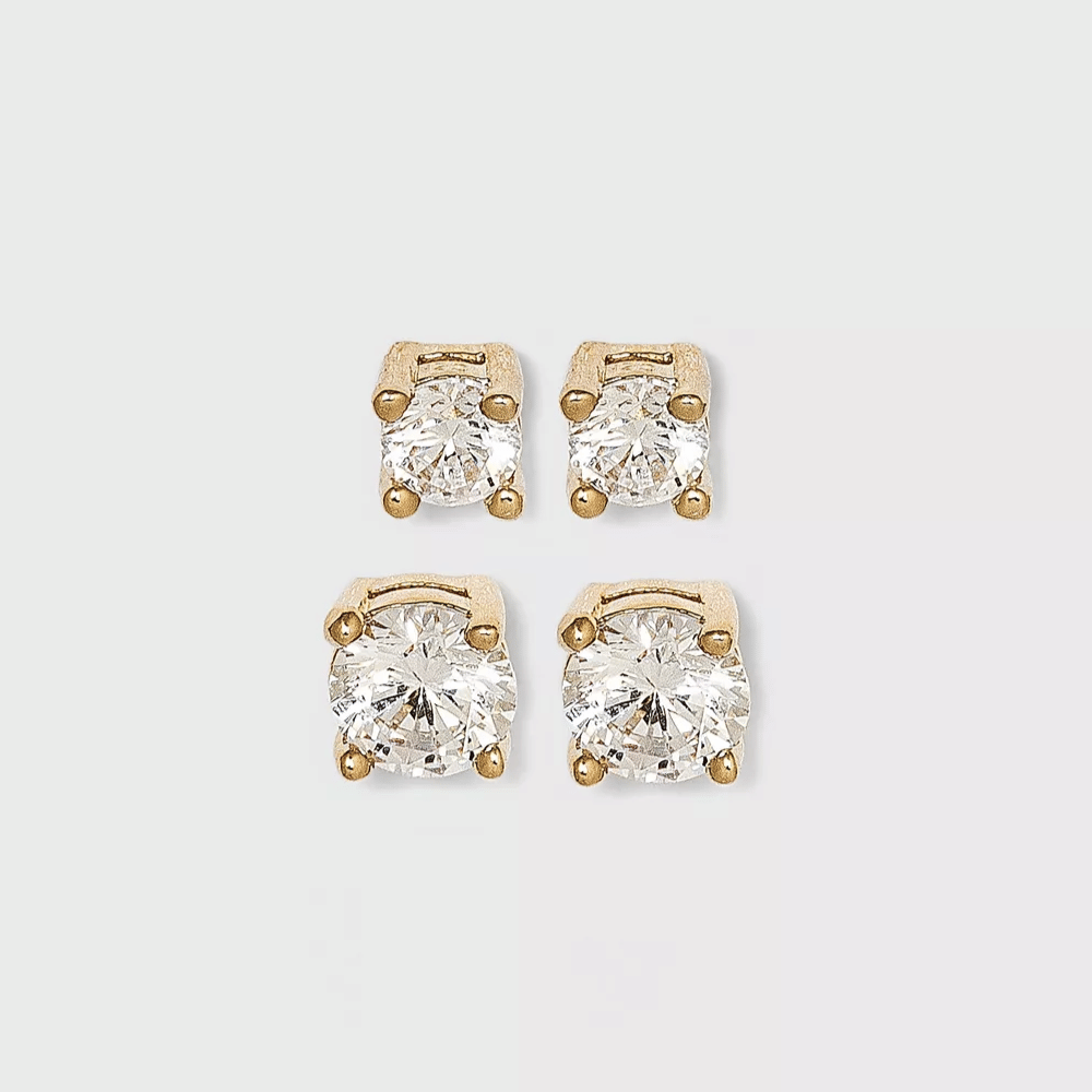 14K Gold Plated Cubic Zirconia Duo Stud Earring Set 2pc - A New Day