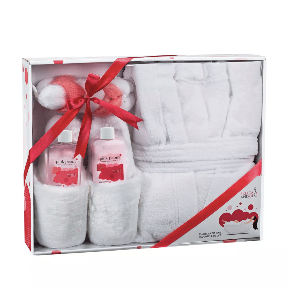Freida & Joe Pink Peony Fragrance Bath & Body Collection with Luxury Bathrobe & Slippers Gift Set