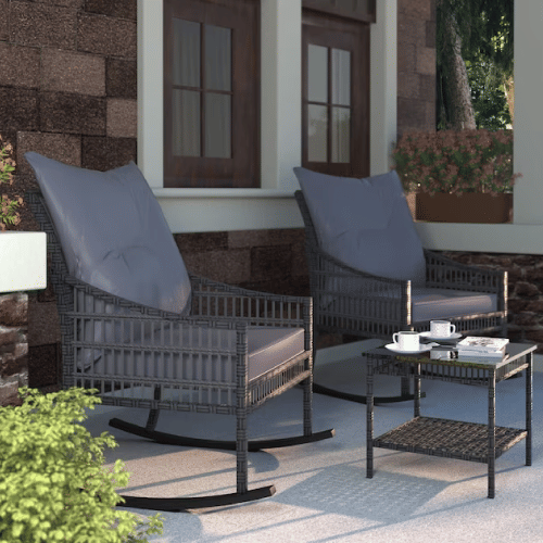 VEIKOUS 2 Wicker Gray Wicker Frame Rocking Chair with Gray Rocking Chair Cushioned Seat