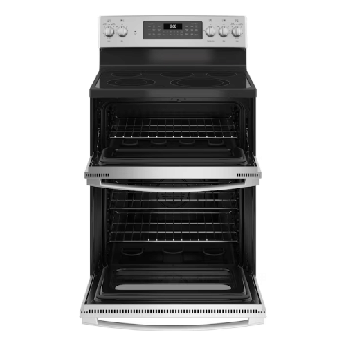 GE 30-in Glass Top 5 Burners 4.4-cu ft / 2.2-cu ft Air Fry Freestanding Double Oven Electric Range (Stainless Steel)
