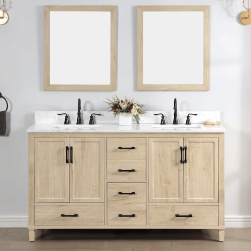 Style Selections Walshe 61-in Light Wood Undermount Double Sink Bathroom Vanity with White Engineered Stone Top (Mirror Included)