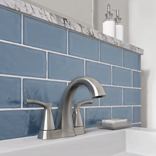 Pfister Masey Brushed Nickel 4-in centre set 2-handle WaterSense Bathroom Sink Faucet with Drain and Deck Plate