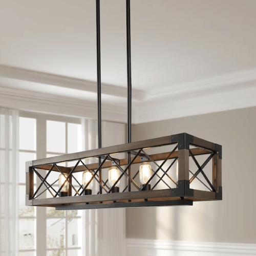 LNC Livia 5-Light Nature Wood Brown and Matte Black large 31.5-in Farmhouse Linear LED Hanging Kitchen Island Light