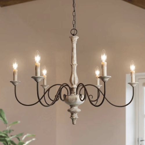 LNC Lupus 6-Light Handmade Distressed White and Rustic Bronze French Country/Cottage LED Dry Rated Chandelier
