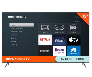 onn. 75” Class 4K UHD (2160P) LED Frameless Roku Smart Television