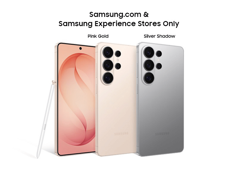 Samsung Galaxy S26 Ultra phones in Pink Gold and Silver Shadow