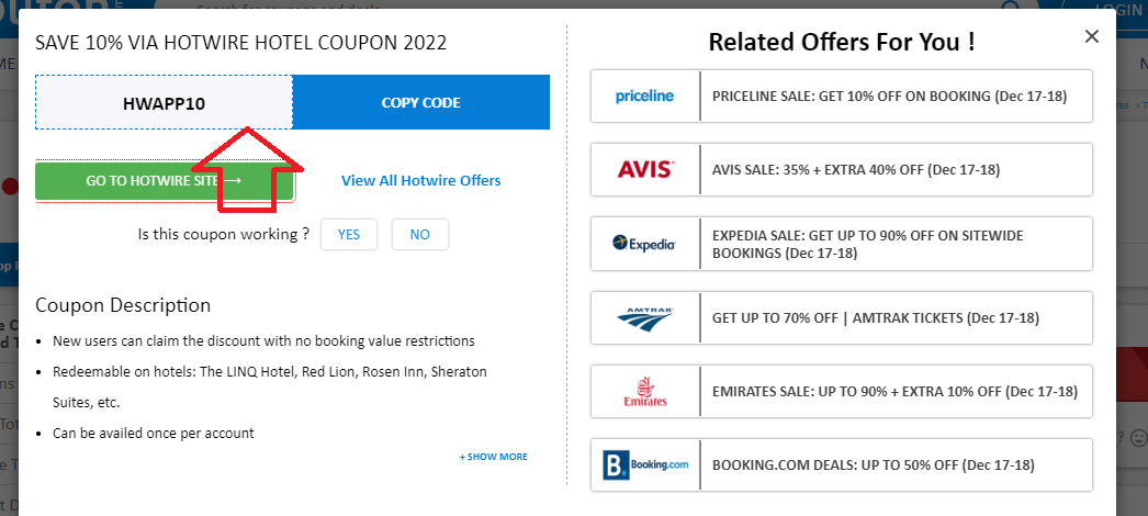 Selection of Hotwire coupon or Hotwire deal