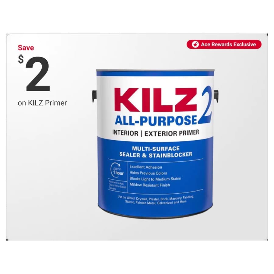 Ace Rewards Members Save $2 on KILZ Primer Ace Hardware sale