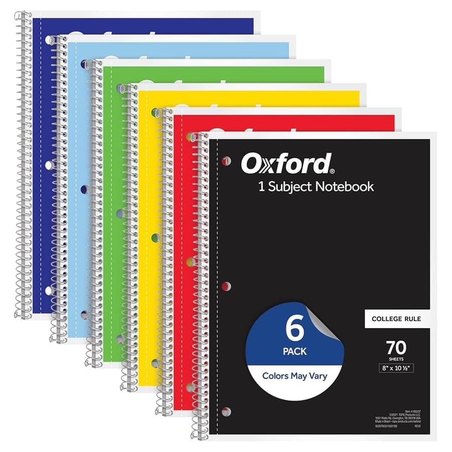 Oxford Spiral Notebook 6 Pack, 1 Subject, College Ruled Paper, 8 x 10-1/2 Inch, Color Assortment Design May Vary (65007) Amazon sale