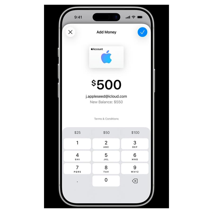 Wallet app active, Add money screen, 500 dollars is chosen to be added, New balance of 550 dollars for account j.applese Apple sale