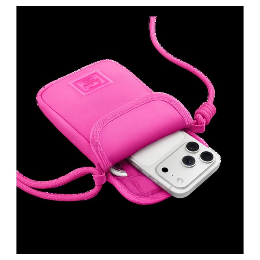 Herschel Cloudform Crossbody Bag for iPhone, top exterior, pink color, zipper enclosure opened, iPhone slid into padded Apple sale
