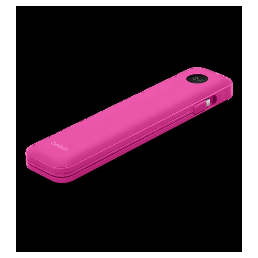 Belkin UltraCharge Pro 20K Power Bank, top exterior, pink color, rounded corners, integrated USB-C cable wrapped around Apple sale