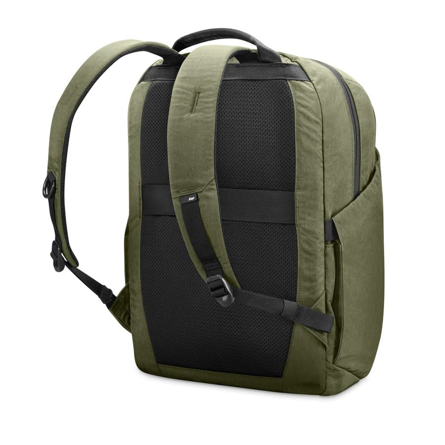 Aer Go Pack 2, back exterior, olive green color, matching shoulder straps, handle at top Apple sale