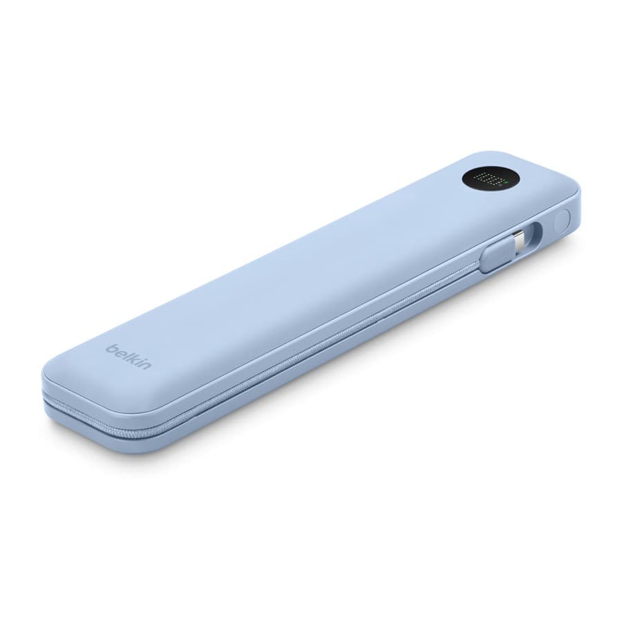 Belkin UltraCharge Pro 20K Power Bank, top exterior, blue color, rounded corners, integrated USB-C cable wrapped around Apple sale