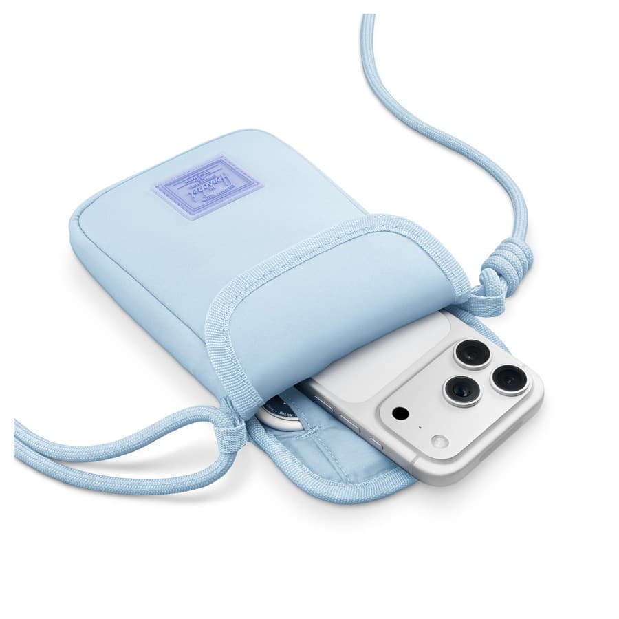 Herschel Cloudform Crossbody Bag for iPhone, top exterior, blue color, zipper enclosure opened, iPhone slid into padded Apple sale