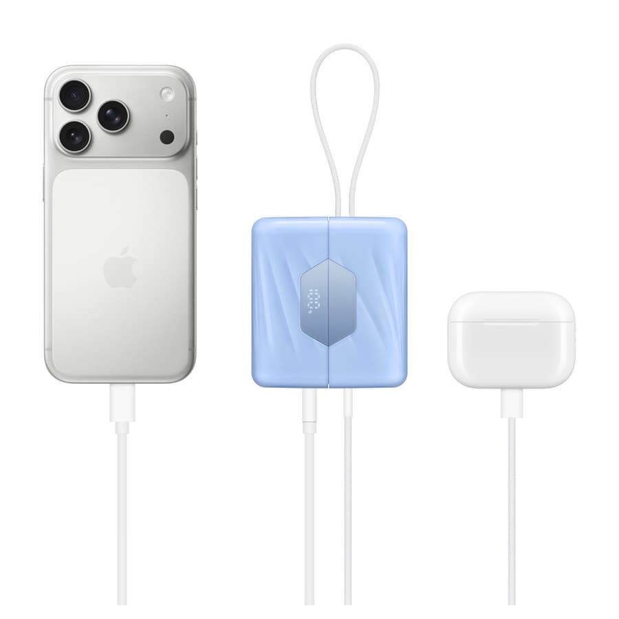 Nimble SharePower 10K Battery Pack at center, lanyard at top, powering iPhone at left and AirPods case at right. Apple sale