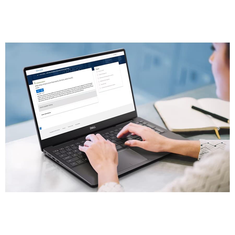 Female talent on a vostro 7590 device with an APEX AIOps demo screenfill Dell sale