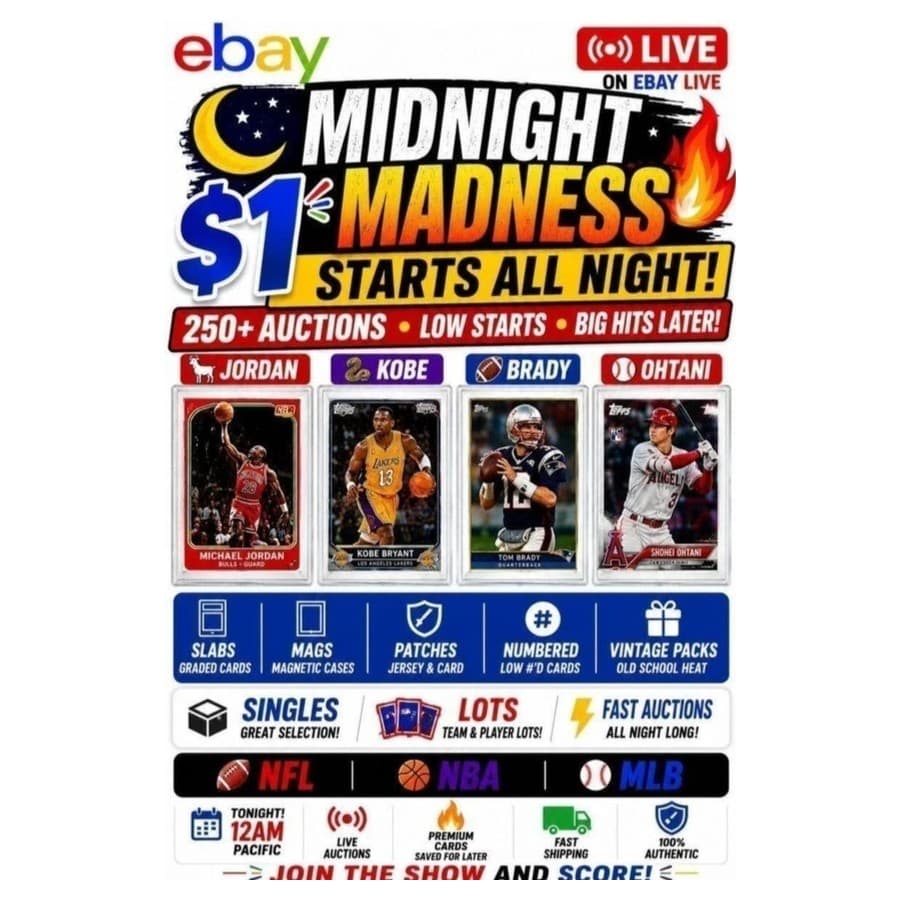 🔥 MIDNIGHT MADNESS • 250+ AUCTIONS • JORDAN • KOBE • BRADY • OHTANI 🔥 eBay sale