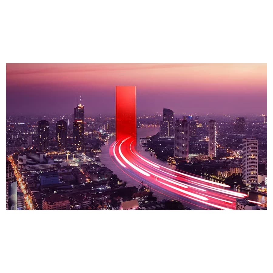 City scape with blurred lights from car movement heading into Lenovo Portal. Lenovo sale
