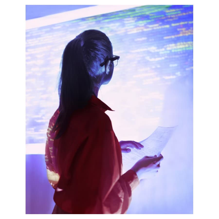Woman looking at a screen with code the size of the wall in front of her. Lenovo sale