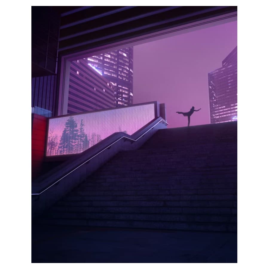 A woman balancing on one leg at the top of a staircase in the distance. Lenovo sale