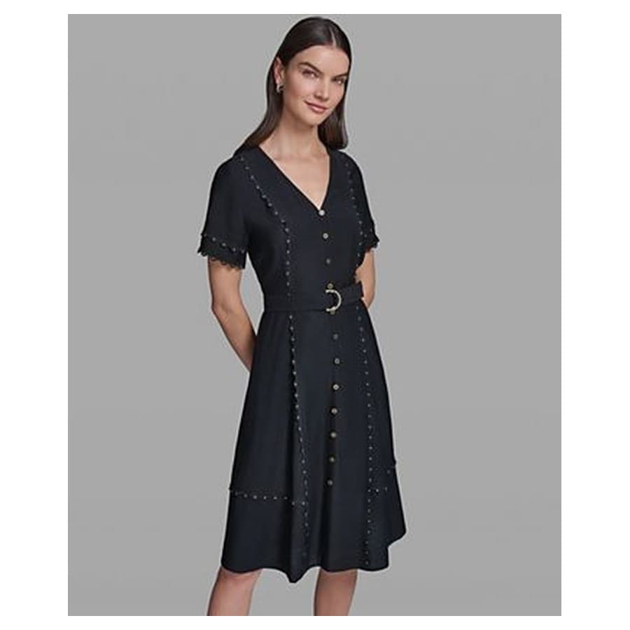 Women's Belted Nailhead Trim V-Neck Dress Macy's sale