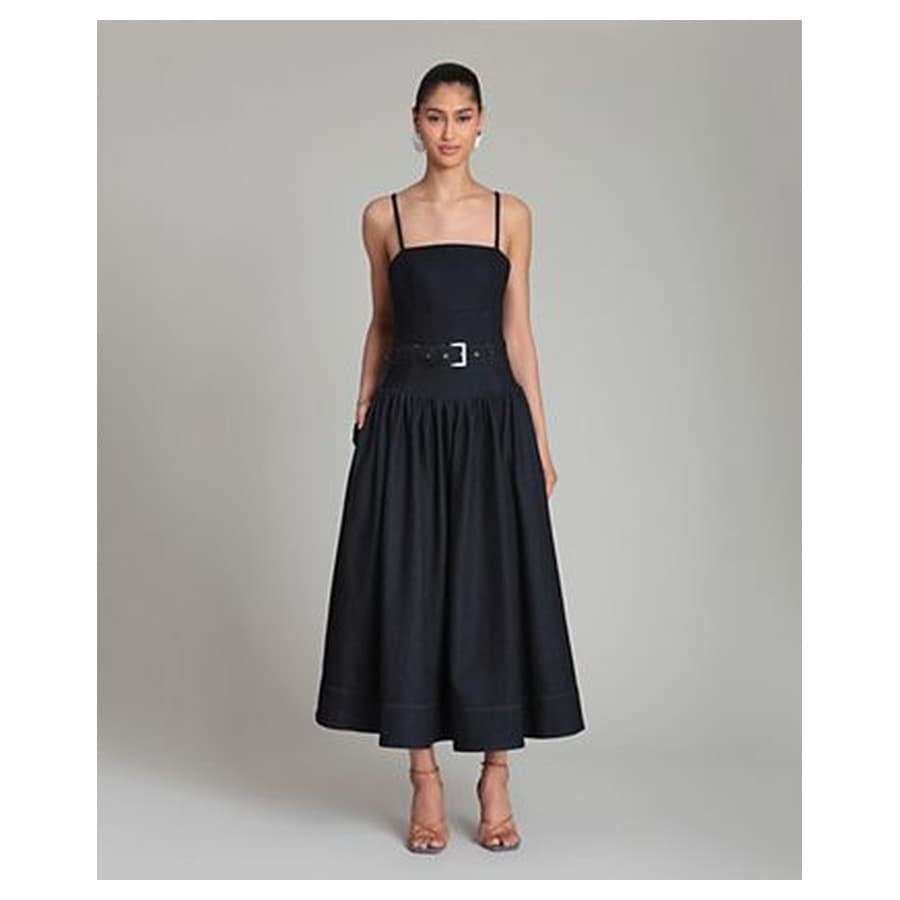 Women's Belted Drop Waist Stretch Denim Midi Dress Macy's sale