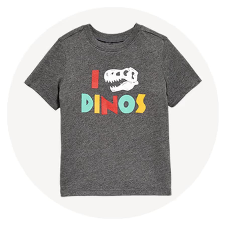 Gray T-shirt with colorful “I DINOS” text and a dinosaur skull graphic on the front. Old Navy sale