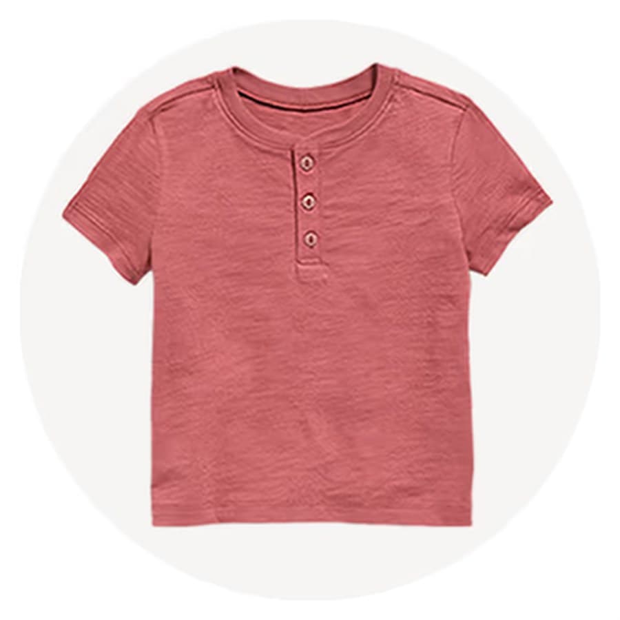Dusty rose short-sleeve henley T-shirt with a three-button placket. Old Navy sale