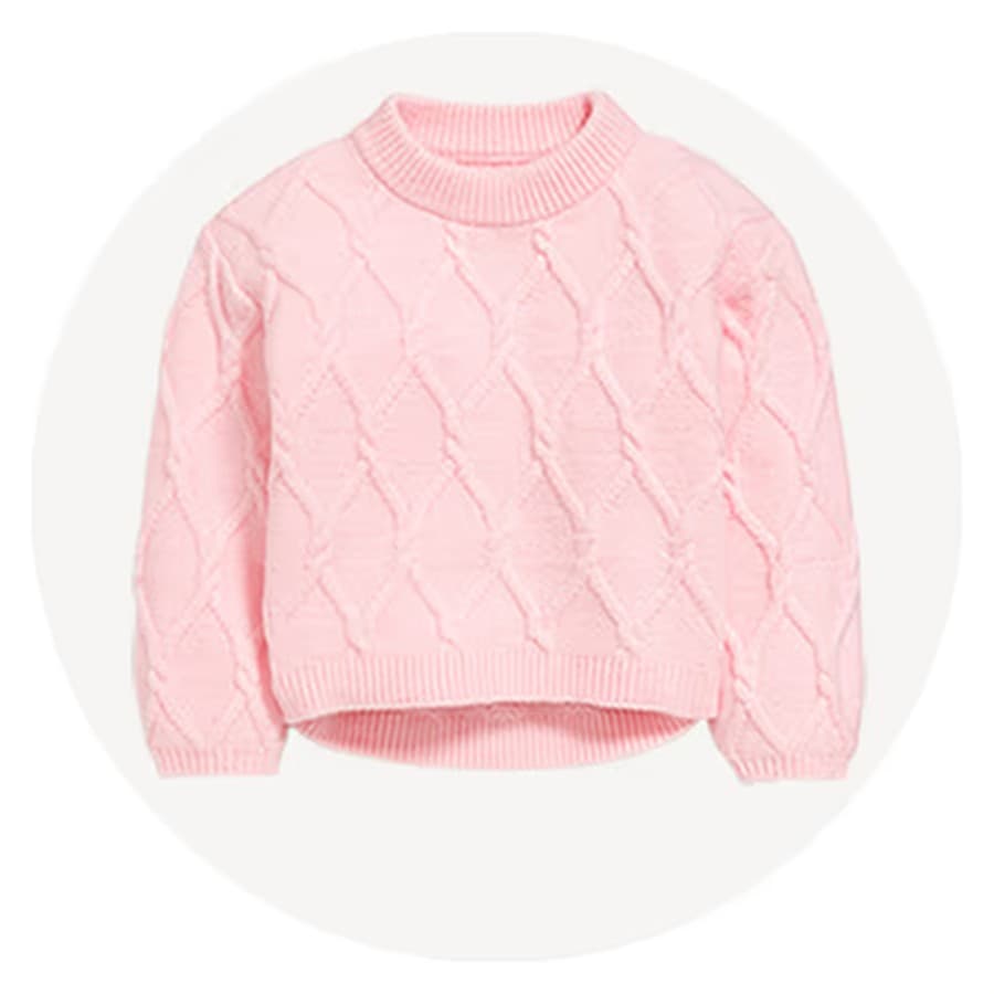 Light pink cable-knit sweater with a crew neck and ribbed cuffs and hem. Old Navy sale