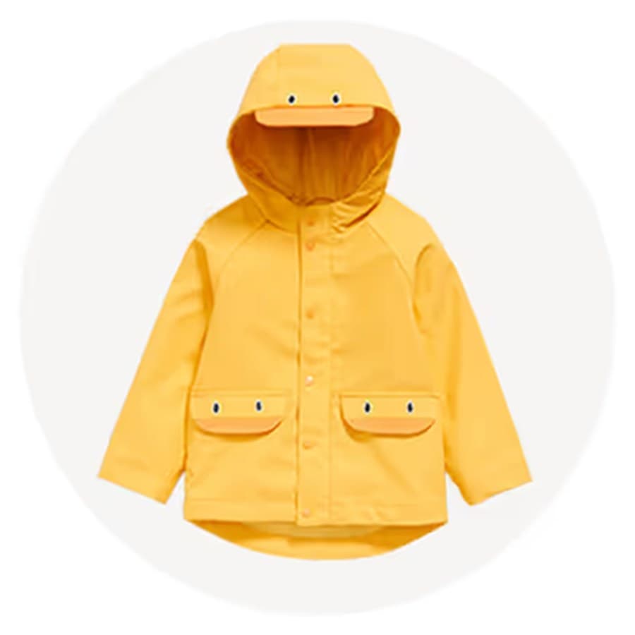 Bright yellow kids’ raincoat with hood, duck-face accents, snap front, and two flap pockets. Old Navy sale