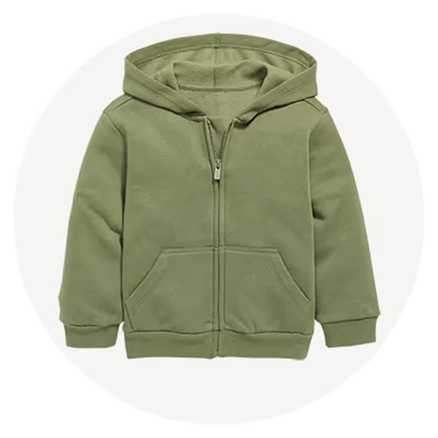 Olive green zip-up hoodie with hood and front kangaroo pockets. Old Navy sale