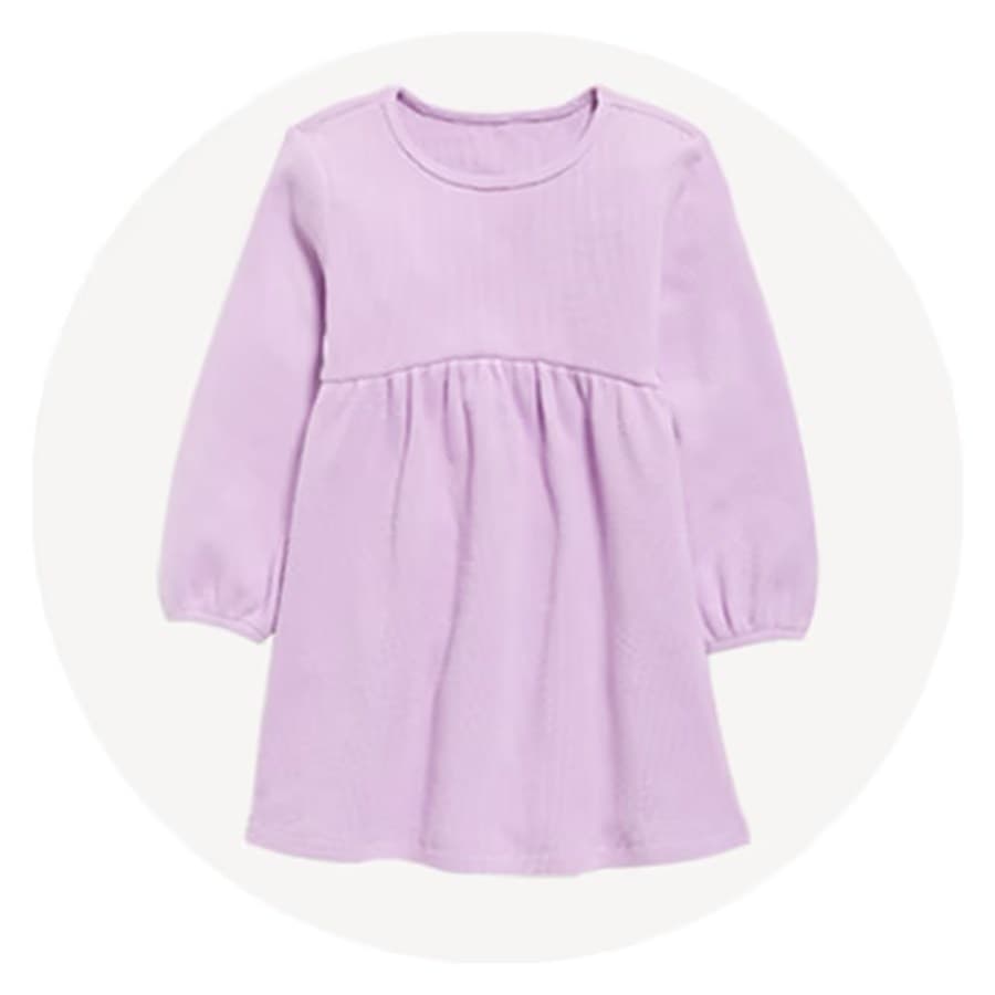 Lavender long-sleeve dress with gathered empire waist and elastic cuffs. Old Navy sale