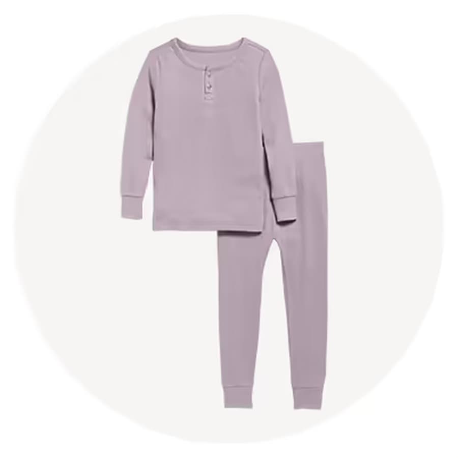 Light purple long-sleeve henley pajama set with matching cuffed pants. Old Navy sale
