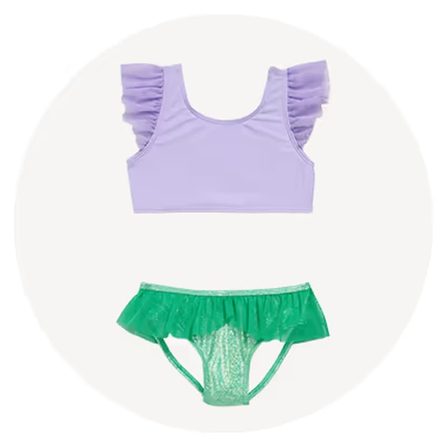 Two-piece swimsuit: lavender top with ruffled sleeves and green bottoms with a sparkly tulle skirt overlay. Old Navy sale