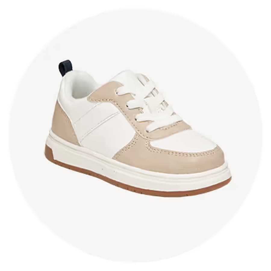 Beige and white lace-up sneaker with a gum sole and navy heel tab. Old Navy sale