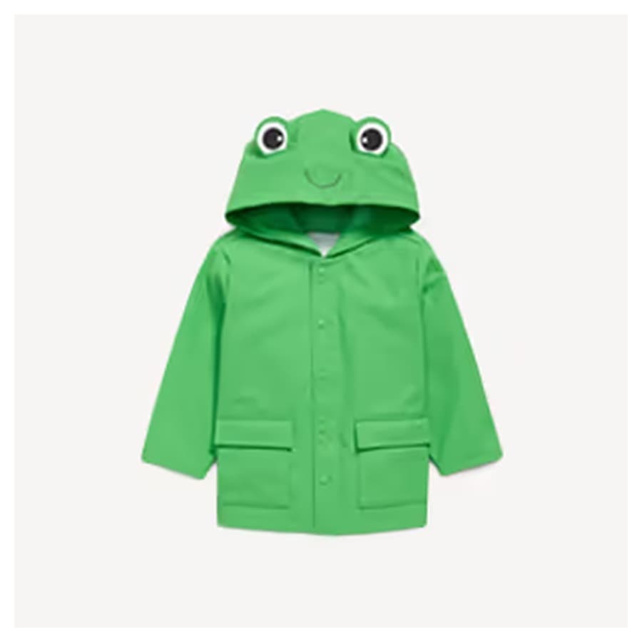 Image of a toddler boy frog rain jacket. Old Navy sale