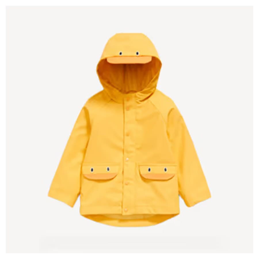 Image of a toddler girls duck rain jacket. Old Navy sale