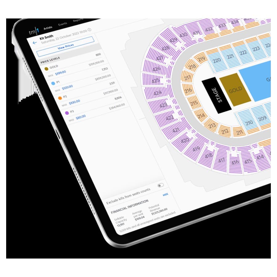 a tablet with a stadium seating chart Ticketmaster sale