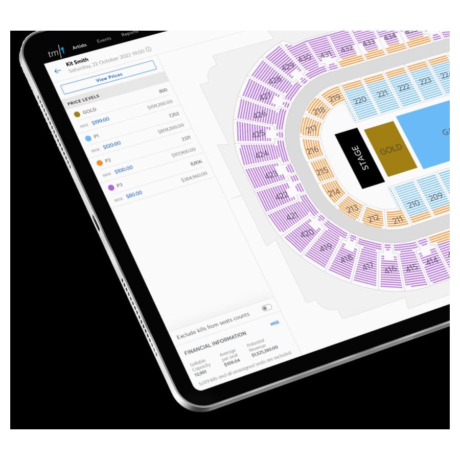 a tablet with a stadium seating chart Ticketmaster sale